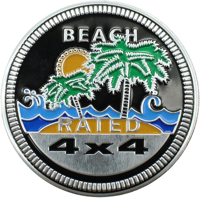 GLSOWEE Beach Badge Rated Car Emblem, 4 x 4 3D Metal Car Badge Decals Stickers Round Emblem Decals, Auto Exterior Emblems Badge Compatible with Vehicles Trucks SUV RV (Beach Rated) - Image 1
